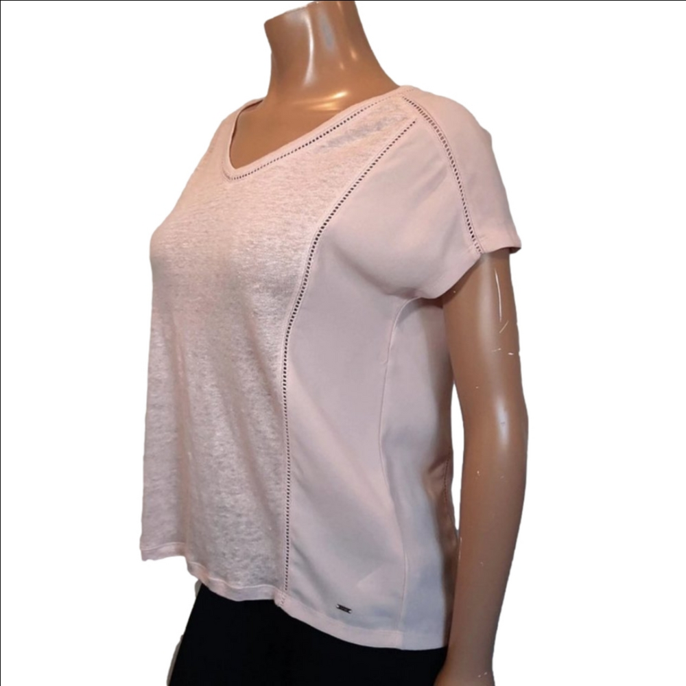 TOMMY HILFIGER Linen Panel Eyelet Tshirt Sheer Top Pink Womens Size Small Summer